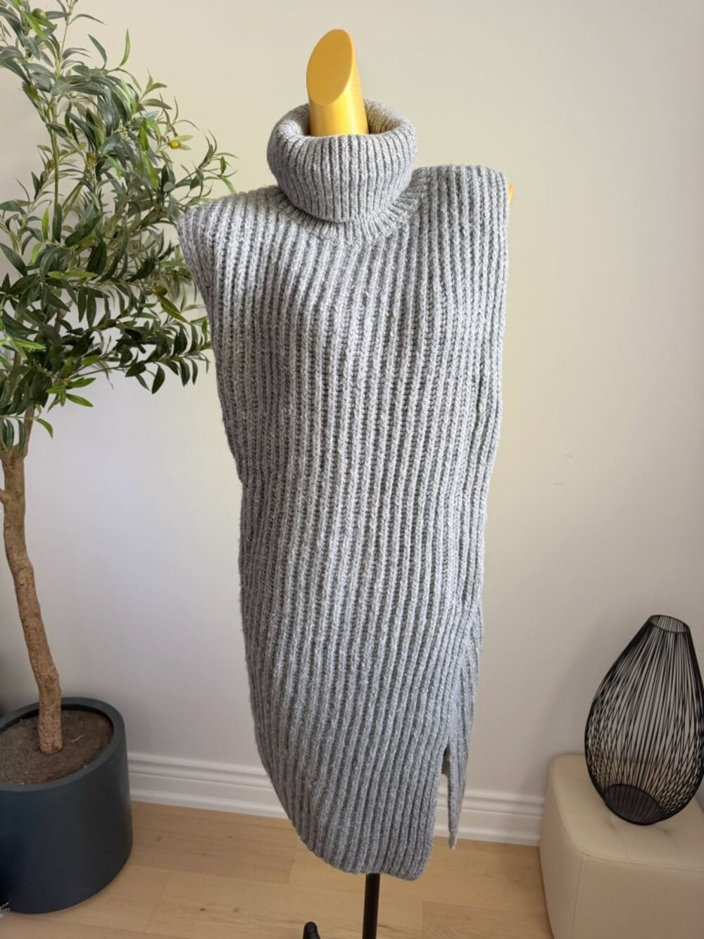 Gray Chunky Knit Turtleneck Sweater Vest Dress S/M